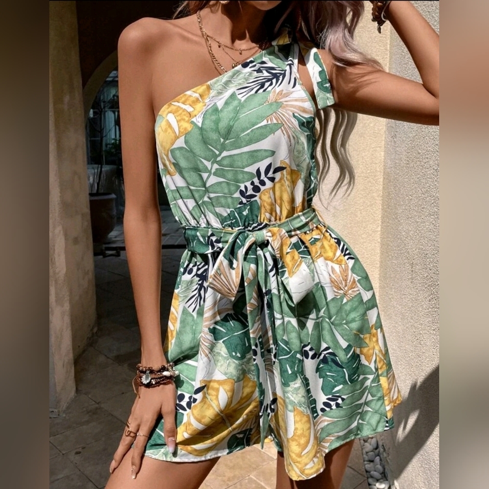 NWT Tropical Romper One Shoulder with Belt S